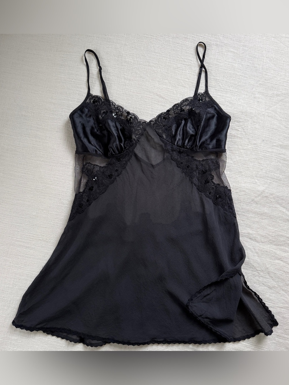 Vintage 2003 Victoria’s Secret Black Silk Chiffon Lace & Sequin Babydoll Slip M
